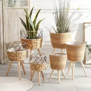 Set of 3 Seagrass Plant Baskets with Brackets for Indoor Use