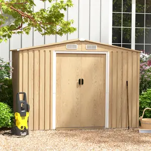 COSTWAY - Weather Resistant Galvanized Steel Shed with Tilted Roof for Backyard Garden Patio Lawn-Natural