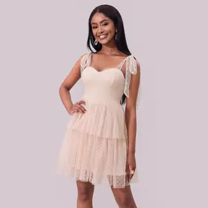 JoyfunearDobby Mesh Tie Strap Tiered Ruffle A-Line Mini Dress