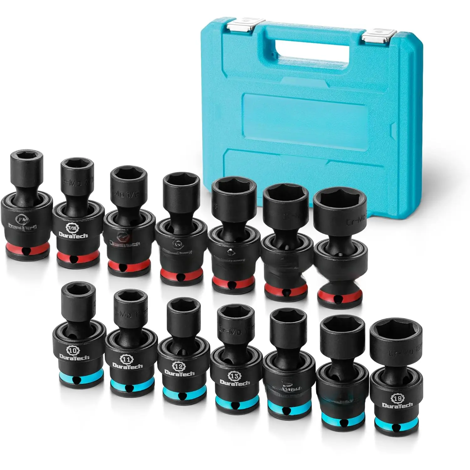 3/8" Drive Impact Swivel Socket Set, Shallow Universal Wobble Socket, SAE&Metric Socket Set with Flexible Joint, 14 count, Cr-Mo Steel, 6 Points, Organized in Sturdy Storage Case