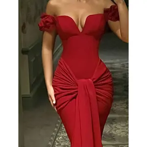 A Long, Elegant Dress Women Featuring a V-Neck, Fitted Waist, And Fishtail Design