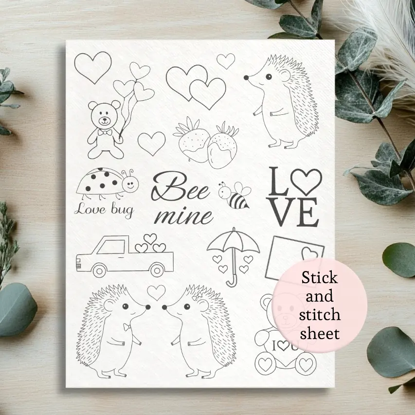 Valentines  stick and stitch embroidery patterns  bear hearts hedgehog embroidery designs
