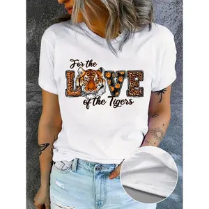 Love Tigers Valentine's Day Women's T-Shirt - Soft Polyester, Casual Crew Neck, Semi-Sheer with Geometric Pattern, Perfect for Summer & Easter Celebrations, Valentine's Day, Heart, Festival