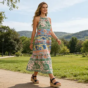 Halter Maxi Dress Bohemian Tiered Flowy Women Summer Resort
