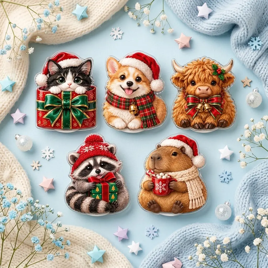 Cute Christmas Animals Acrylic Phone Grip Set, Cat Corgi Highland Cow Raccoon Capybara Holiday Phone Holder, Cozy Winter Animal Phone Stand, Xmas Gift for Animal Lovers