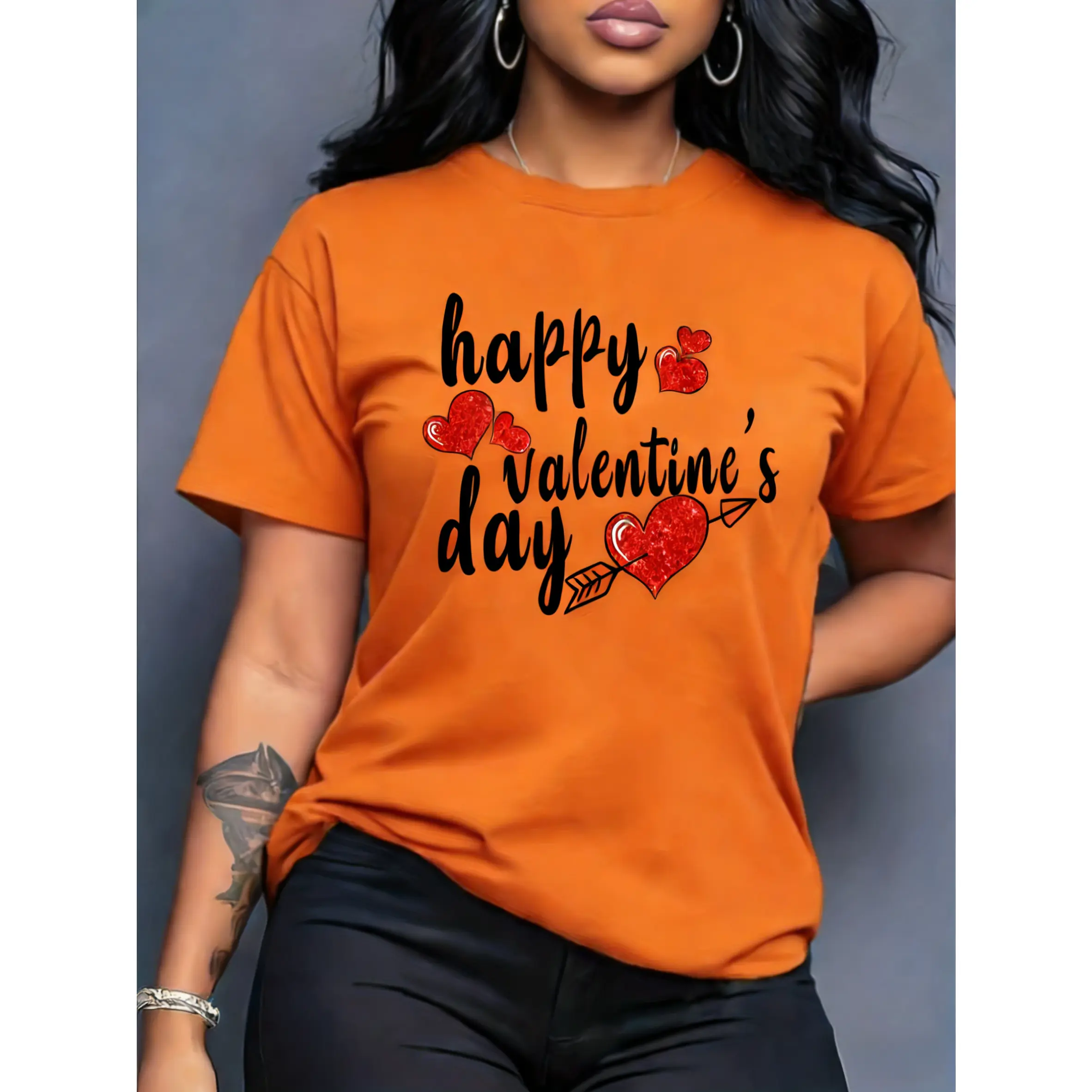 100% cotton, women's Valentine's Day pattern T-shirt, red glitter heart arrow design |       Casual short-sleeved T-shirt, very suitable for Valentine's Day celebrations and gifts for girlfriends and lovers