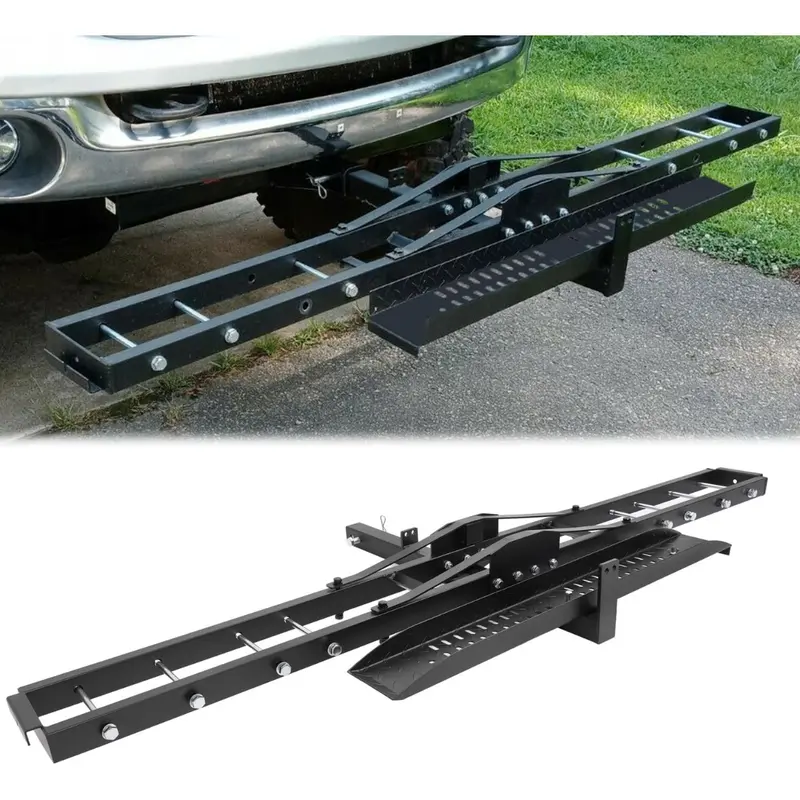 HECASA Power-Coat Steel Frame Trailer Hitch Mount Motorcycle Carrier Hauler, 600LBS Capacity, 2" Square Receiver, Anti-Tilt Locking Device, Ramp, Assembly Required, 75.91x18x4.75 In, 50.8 LBS, Class II-V Fit for Scooters, Dirtbikes