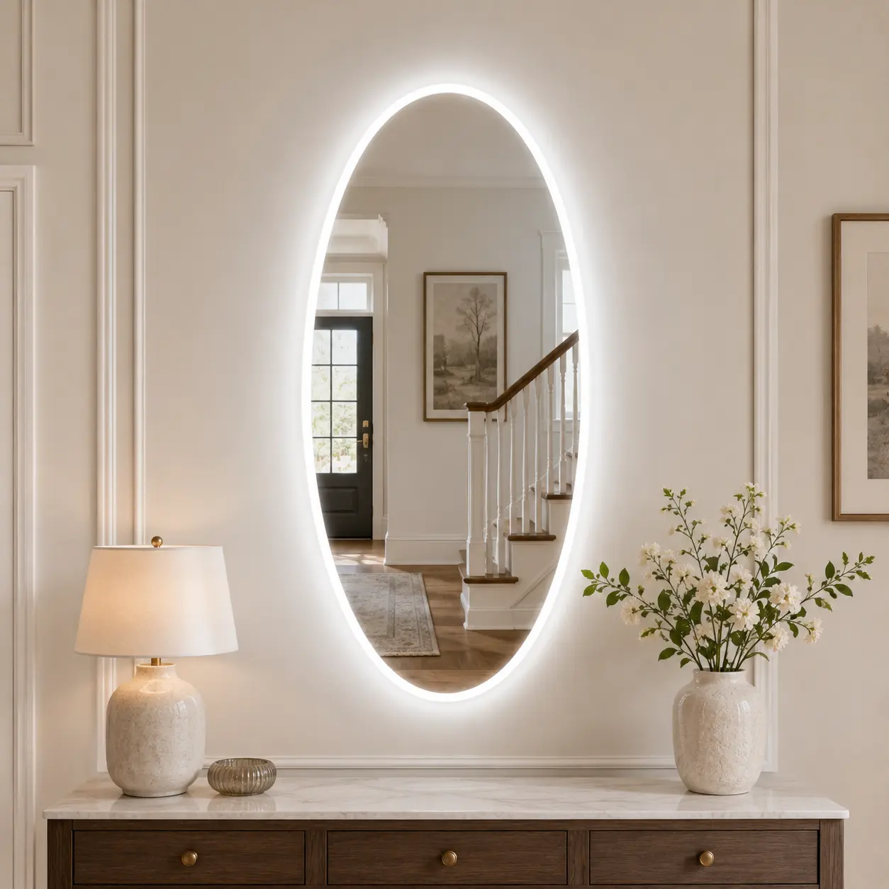 65" x 25" Backlit Oval LED Full Length Mirror, Wall Mounted Frameless Body Mirror with 3 Color Light, Stepless Dimming, Touch Control and Tempered Glass for Bedroom, Closet, Entryway and Dressing Room