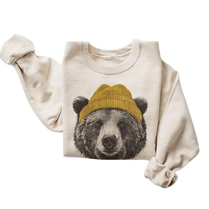 Women's Vintage Grizzly Bear Beanie Graphic Hoodie - Cozy Retro 90s Unisex Long Sleeve Casual Tops Garment - Wilderness Camping Themed Pullover