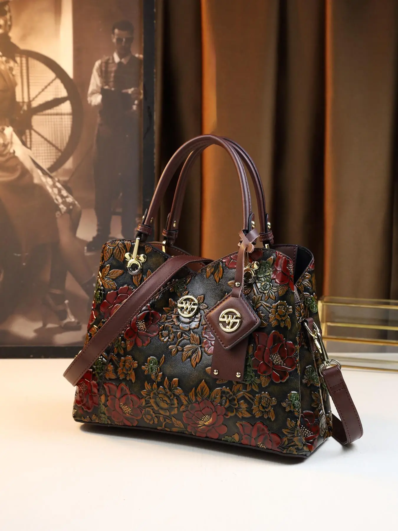 Women's Elegant Floral Embossed Handbag, PU Leather Satchel, Vintage Style Zipper Crossbody Bag, Trendy All-match Bag for Daily Use, Fashionable Cross