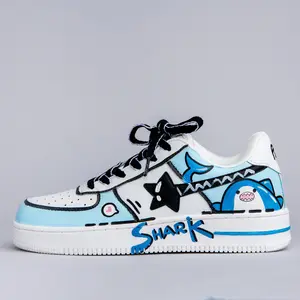 BOLDEST Hand Painted Bruce the Shark Casual White Shoes - Unisex Sneaker Runner Footwear Athletic with Vegan Leather Material & Water-Resistant Cotton Lining Training Trainer Running Closed