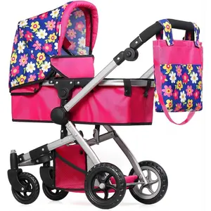 Foldable Pram for Baby Doll with Flower Design Swiveling Wheel Adjustable Handle Bassinet Stroller Convertible Seat Basket and Free Carriage Bag