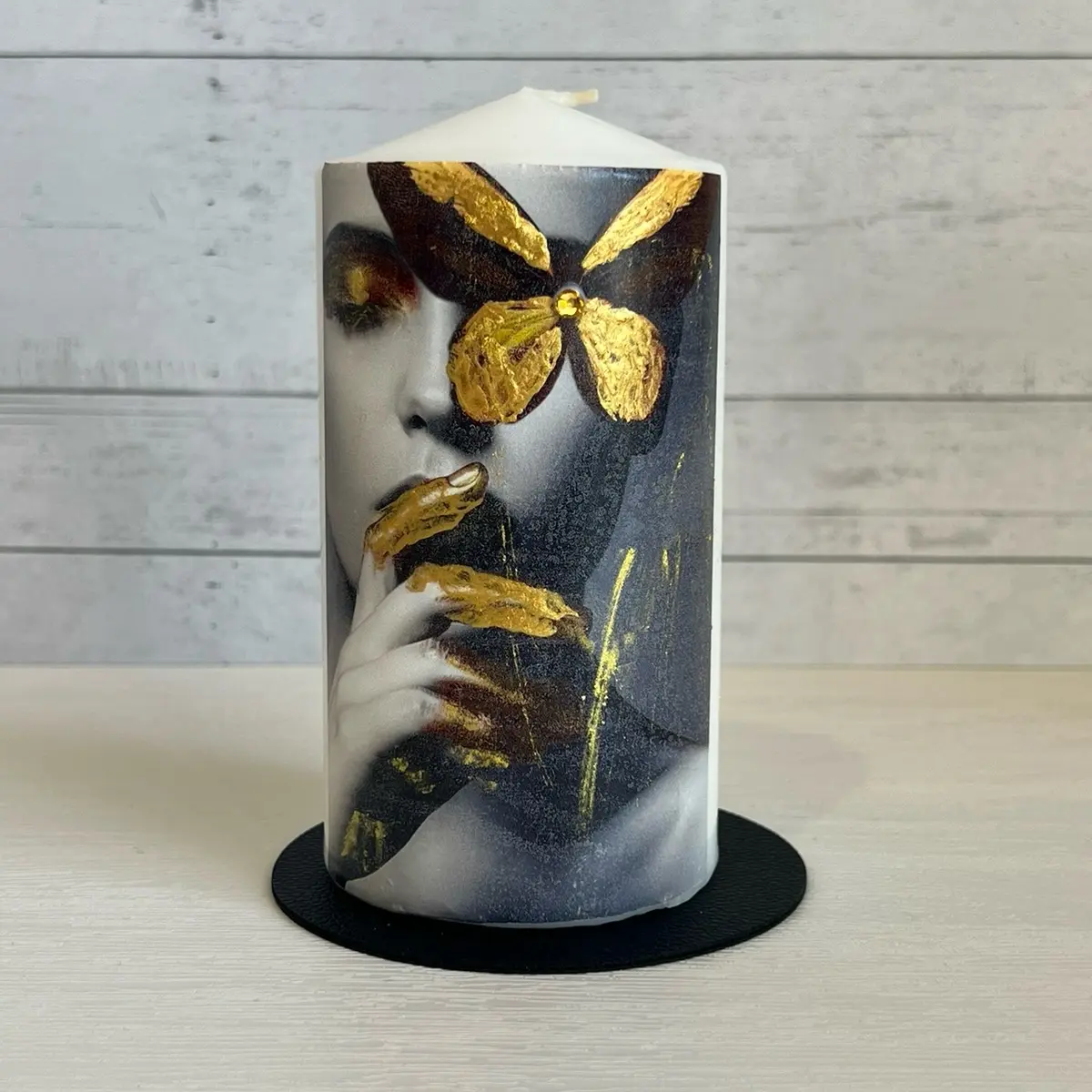 Woman with butterfly design on Unscented Pillar Candle