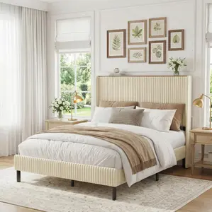 Queen Bed Frame with Mattress, Metal Bed Frame with Charging Station, No Box Spring Needed,  (Beige),Noise-Free, Easy Assembly - Cama queen con colchón