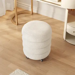 Guyii Modern Round Vanity Stool with Wheels, Cream Fabric Rolling Makeup Chair for Dressing Table & Bedroom, 360° Swivel Upholstered Footstool, Easy Assembly
