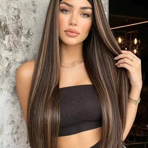 Highlight Headband Wigs for Women, Straight Long Wig, Elegant Wigs, Put on and Go Bob, Glueless Synthetic Hair, Daily Party Use, Synthetic Smooth Wig