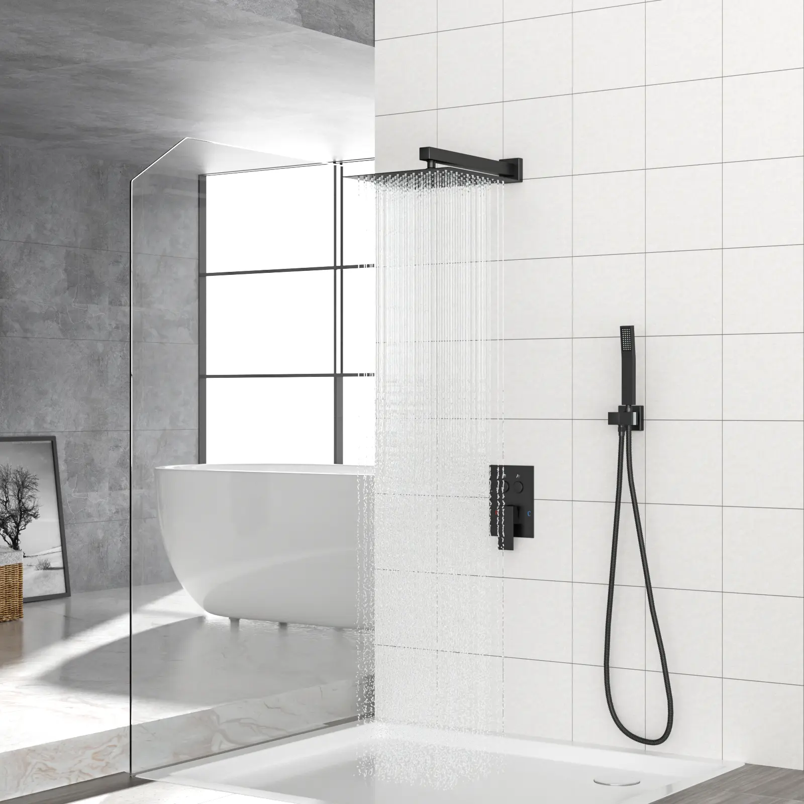 12 Inch Square Dual Shower Head Wall Mounted Shower System with Rough-in Valve, Matte Black Finish, Fixed Rainfall and Handheld Combo, Modern Bathroom Fixture for Master Bath, Guest Bath, or Remodel, Bathroom Shower Door for Bathtub