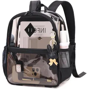 Clear Backpack for Stadium Events Approved 12*6*12, Thick TPU Mini Clear Bag with Front Pocket for Concert Sport Events Work Travel, Black