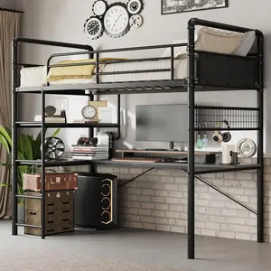 L-Shaped Loft Bunk Bed with Computer for Kids Teens/Adults Easy Assembly-Black