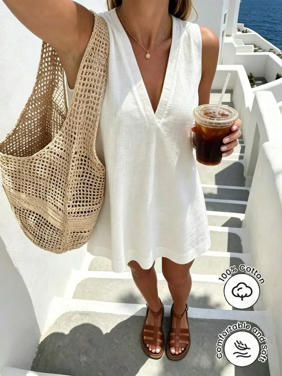 Minimalist White Linen Sleeveless V-Neck Dress / Relaxed A-Line Skirt / Korean Soft Style / Daily Commute Short Dress