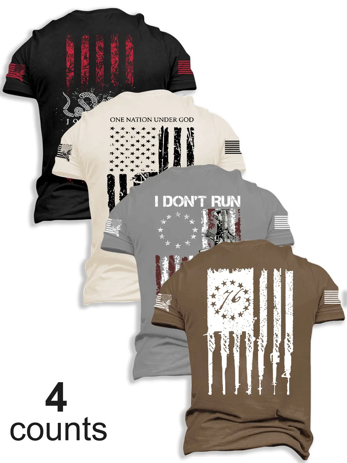 Men's Flag Print Graphic Round Neck Short Sleeve Fitted Classic T-Shirt Set of 4, Casual Basic Tee Comfortable Top for Fall & Winter Outdoor Wear