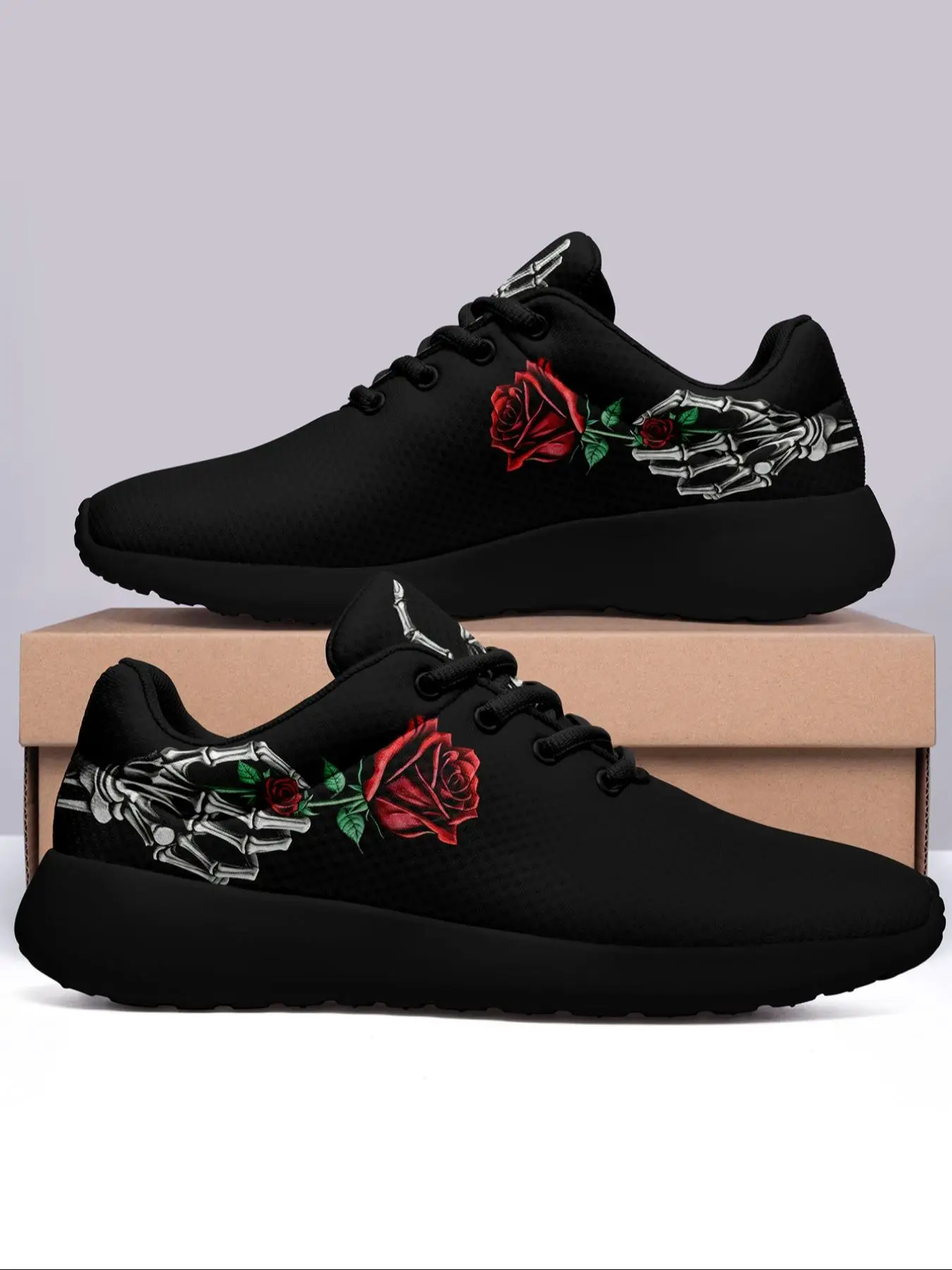 Women's Rose Skull Hand Bone Print Low Top Sneakers, Sports Running Shoes, Slip Resistant, Shock Absorbing, Breathable, Available in Large Size