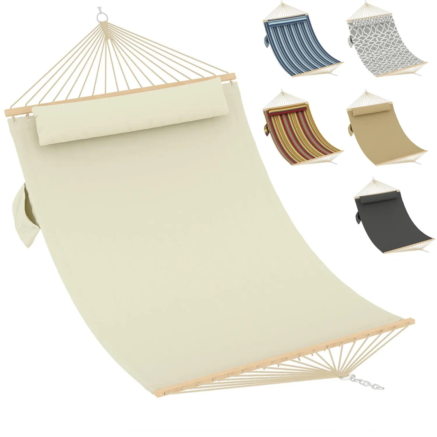Extra-Large Double Hammock for 2 Adults - 350cm Quilted Patio Hanging Swing, Adjustable Ergonomic Curved Hardwood Spreader Bars, Detachable Soft Pillow, 450lbs Capacity, Weather-Resistant Fabric, Easy Assembly, Ideal for Patio, Beach