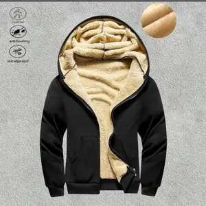 A men's black hooded fleece jacket with a stylish warm feel, the hooded design is practical and fashionable, the fleece lining feels comfortable, the zipper is smooth and easy to operate, pairs well with jeans and sneakers for everyday casual wear, suitab