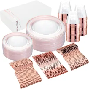 350PCS Rose Gold - Disposable Rose Gold Dinnerware Includes 100 Clear Rose Golds Rimmed, 150 Silverware, 50, 50 Cups for, Wedding, Mother's Day