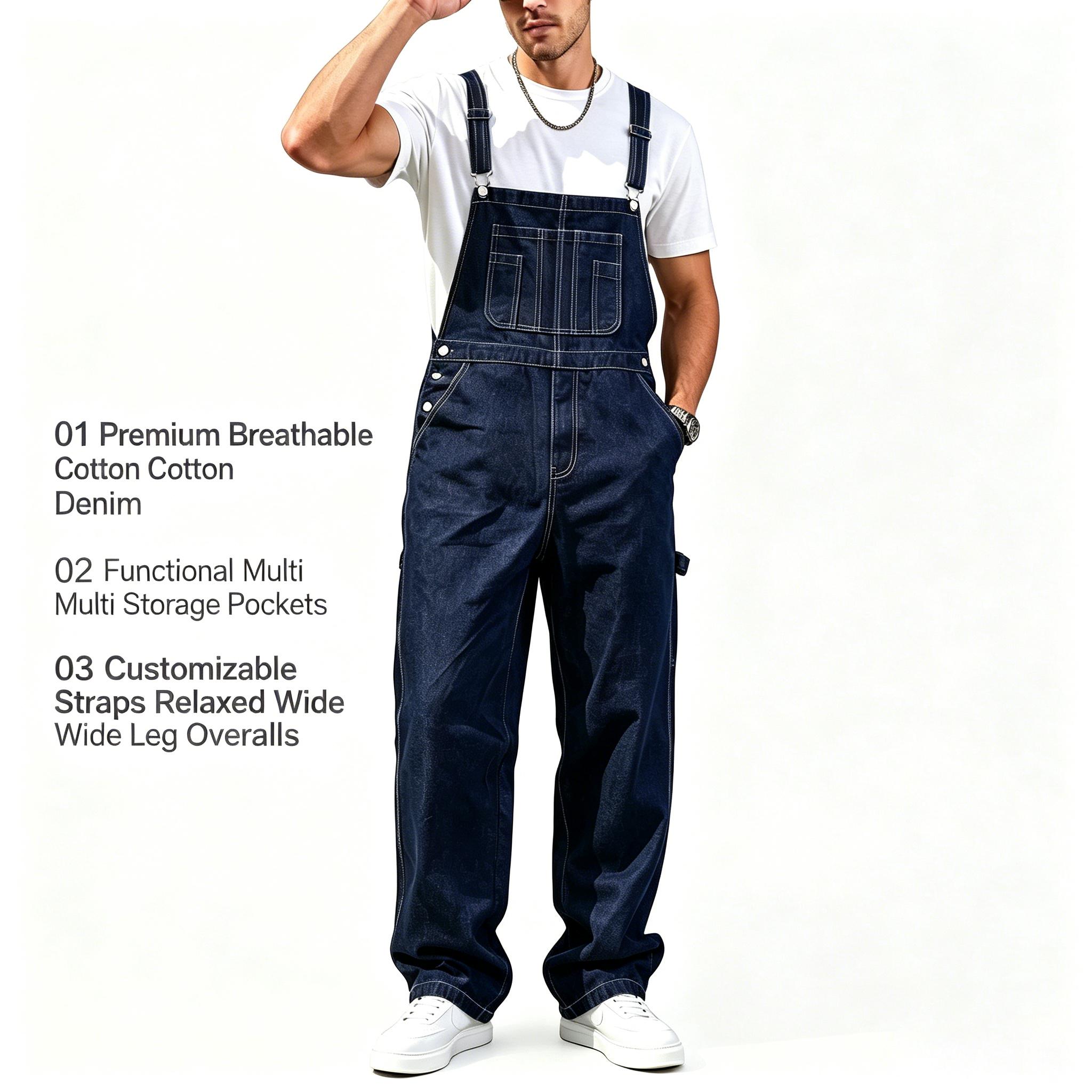 Men's Denim Cargo Overalls - Simple Vintage Fit Casual Wear Clothes, Loose Wide-Leg Multi-Pocket Bib Jumpsuit with Adjustable Straps