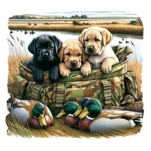 Wildlife Cute puppies In Basket With Ducks Direct To Film Print, DTF Print, Ready To Press Print for T-Shirts