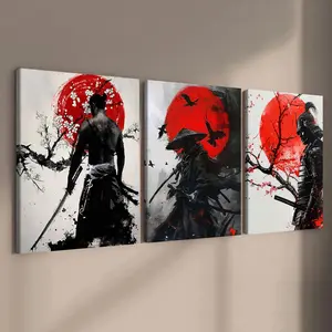 Wooden Framed Canvas Painting, 3 Counts/set Samurai Pattern Canvas Wall Art, Modern Wall Art for Home Living Room Bedroom Office Decor