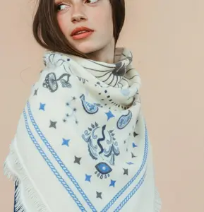 Cosmic Rodeo Cashmere Bandana Sweater Wrap - Ivory &  Blue