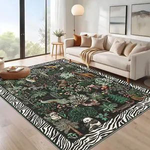 Jungle Floral and Animal Print Rug Soft Non-slip Foldable Interior Decorative Rug Washable for Bedrooms Dining Rooms Playrooms Offices Laundry Rooms Hallways