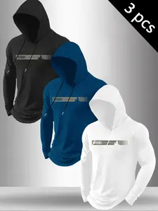 Men's Letter Print Hooded Long Sleeve T-Shirt, Casual Spring & Fall Outdoor Wear, Fitted Pullover, 3 Pack, Tops