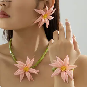 Summer Fresh Lily Flower Jewelry Set for Women, Delicate Floral Necklace, Bracelet & Earrings, Boho Vacation Style, Lightweight & Elegant Accessory Perfect for Beach Holidays & Daily Outfits