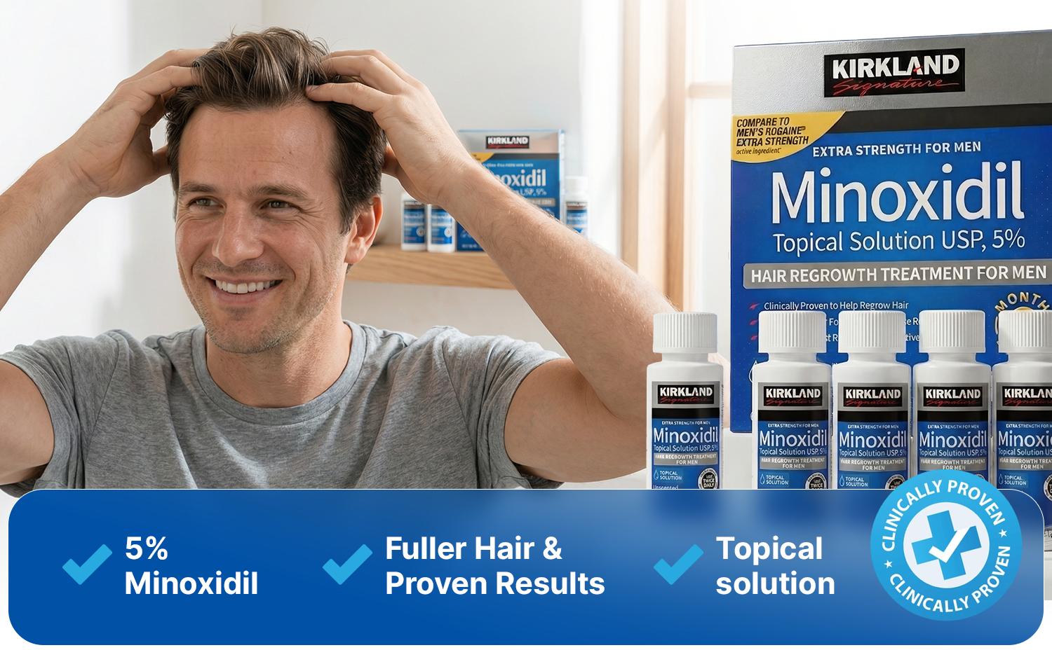Kirkland Signature Minoxidil 5% Hair Regrowth Treatment for Men, Extra Strength Liquid Topical Solution for Hair Loss & Thinning Hair, Clinically Proven Hair Growth Treatment