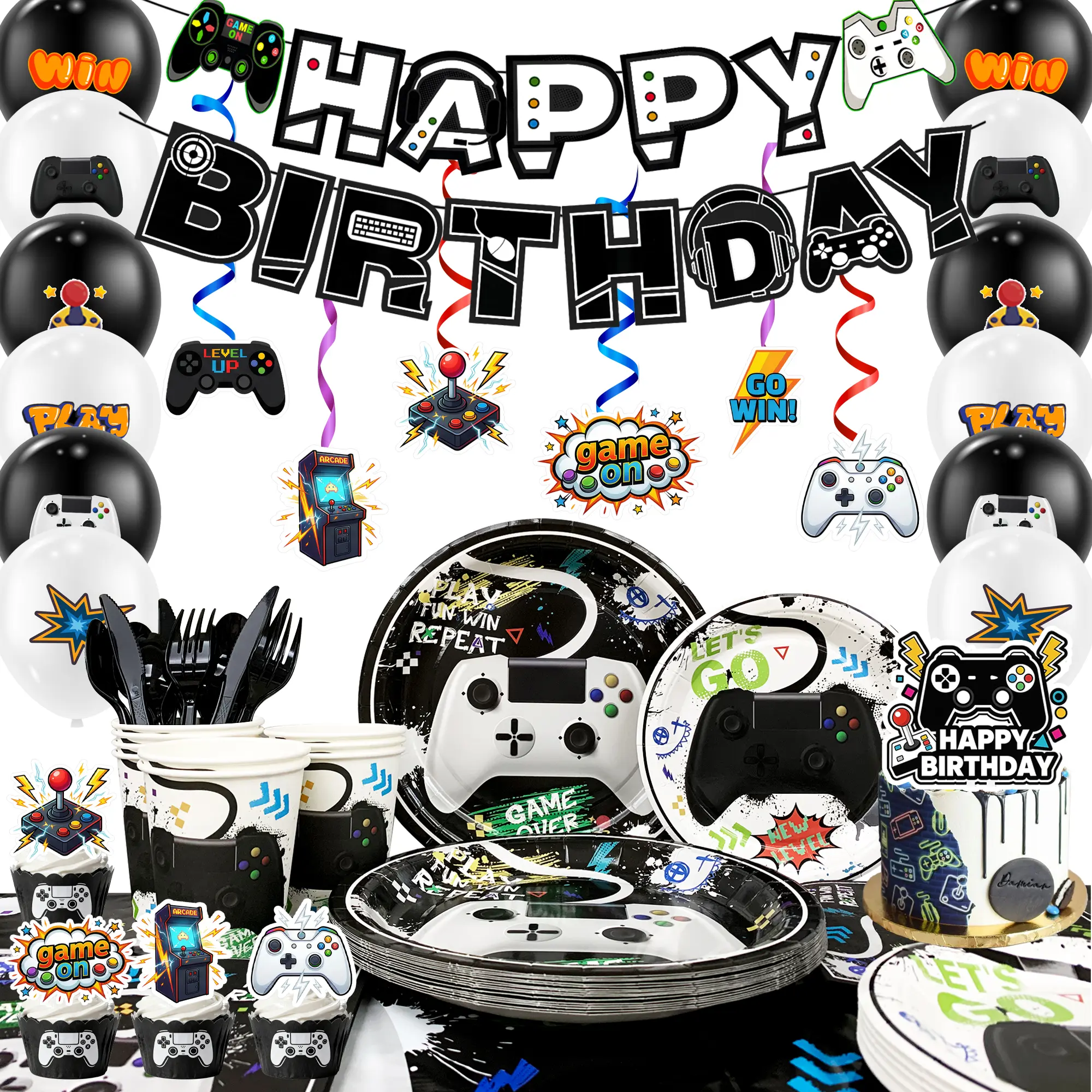 Game Birthday Decorations ballon for kids 159Pcs Game Party Decorations and ballon Set-Game Party Plates Cups Napkins Tablecloth & Happy Birthday Game Banner Balloons etc Video Game Birthday Party Supplies