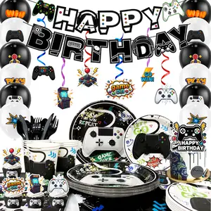 Game Birthday Decorations ballon for kids 159Pcs Game Party Decorations and ballon Set-Game Party Plates Cups Napkins Tablecloth & Happy Birthday Game Banner Balloons etc Video Game Birthday Party Supplies