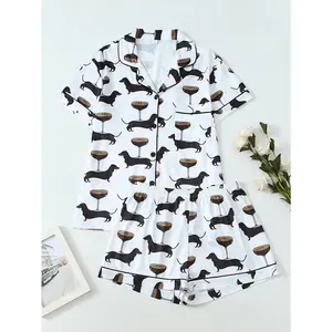 Funny Dachshund All Over Print Women's Pajamas, Short Sleeve + Shorts Set, Black Piped Lapel Cardigan, Button Closure with Pocket, Soft Smooth Skin-Friendly, Loose Casual Wearable Outside 2 Piece Set