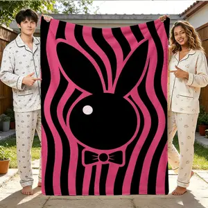 Cozy Pink and Black Striped Bunny Design Throw Blanket | Soft Flannel, Lightweight & Durable, Perfect for Nap Time, Home Decor, and Everyday Use, Ideal Gift for Living Room or Bedroom, Bunny Deco