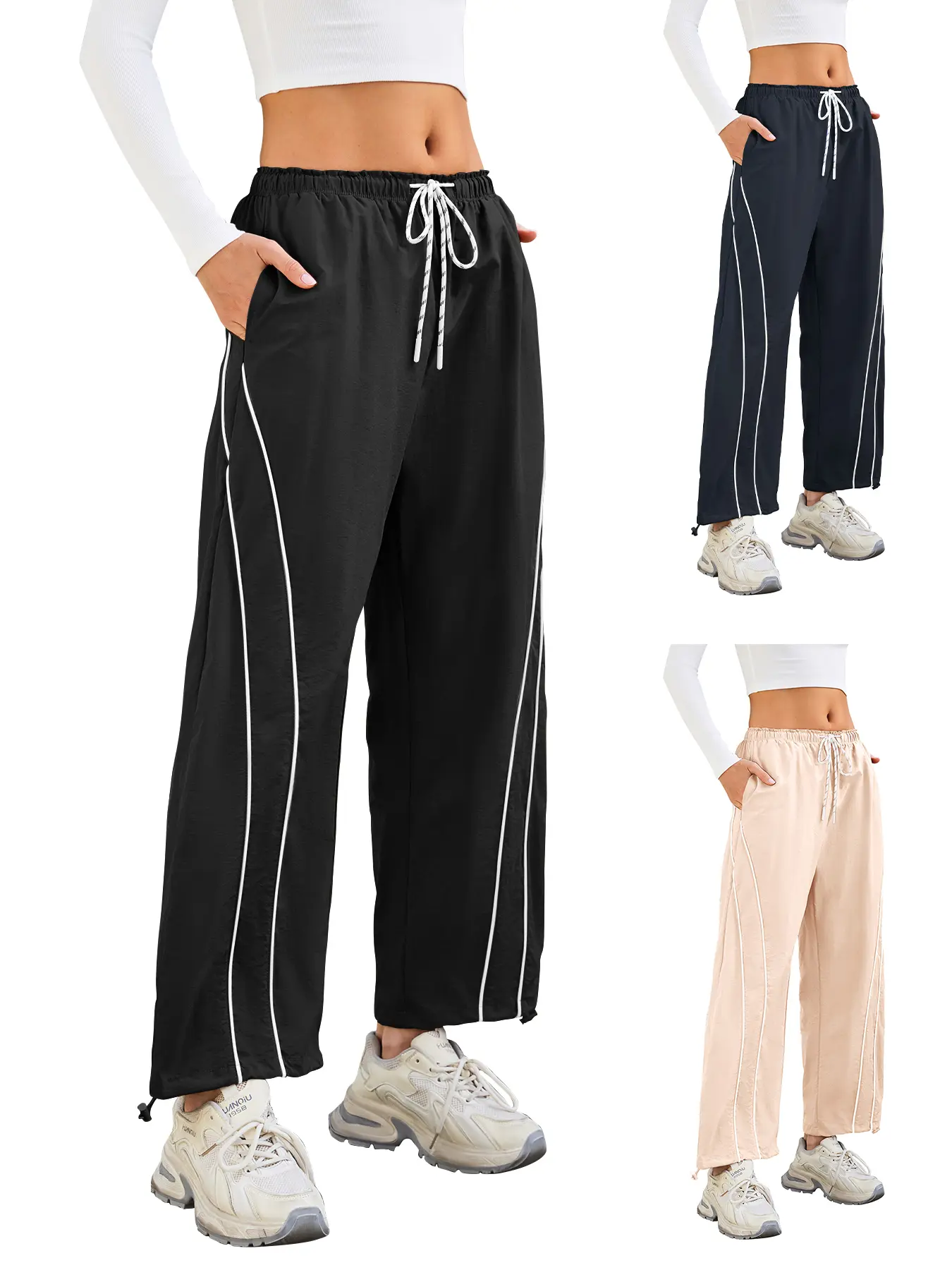 Renaishow Women's High-Rise Wide-Leg Track Pants - Everyday Activewear with Adjustable Drawstring Elastic Waist, Striped Design, Fitted Bottom, Comfortable for Casual Athletic Use, Year-Round