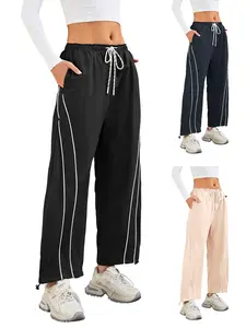 Renaishow Womens Wide Leg Track Pants Drawstring High Rise Striped Elastic Waist Baggy Pants  Casual