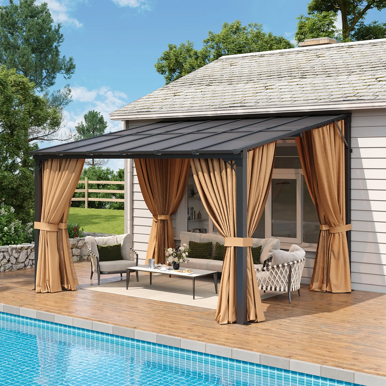 Aoxun 10'x12' Wall-Mounted Lean-to Gazebo Shade Canopy - Outdoor Aluminum Frame Structure, Polycarbonate Panel Sloped Roof, Mosquito Net, Curtains for Backyard, Porch (Sun Shade Canopies for Home Improvement), Shade Canopy Canopies
