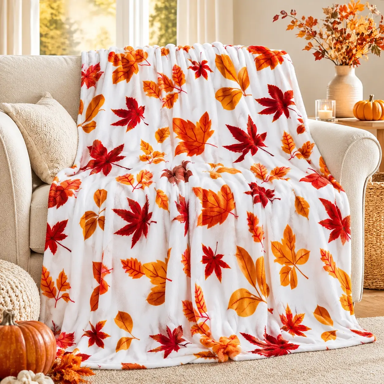 Fall Maple Leaves Pattern Flannel Blanket - Soft, Cozy, Warm Fuzzy Plush Throw with Autumn Red Orange Design - Farmhouse Style Thanksgiving Gift for Bedroom Sofa Home Decor