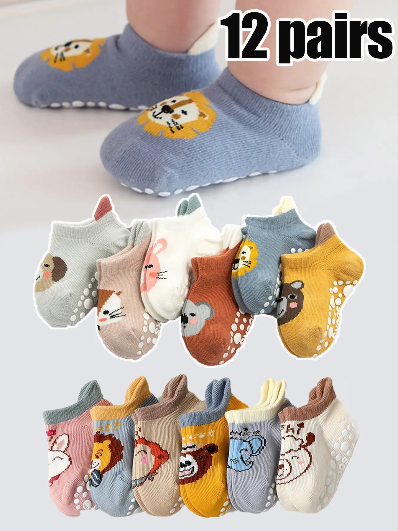 Baby Anti-Slip Socks 12 Pairs Pack, Toddler Socks with Grips, Soft Fabric Cartoon Design Animal Patterns, Unisex Infant Toddler Floor Socks for Fall Winter Spring Summer