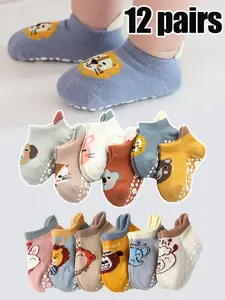 12 Pairs Baby Anti-Slip Socks  Pack, Soft Fabric Cartoon & Animal Pattern Floor Socks for Boys & Girls, Autumn Winter Toddler Walking Socks
