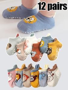 baby anti-slip socks 12 pairs pack, soft fabric cartoon design, unisex infant toddler floor socks for fall winter spring summer