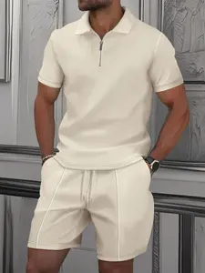 Men's Summer Vacation Casual Half-Zip Short Sleeve Top and Shorts Set, Solid Color, Collar, American Outdoor Leisure/formal Set