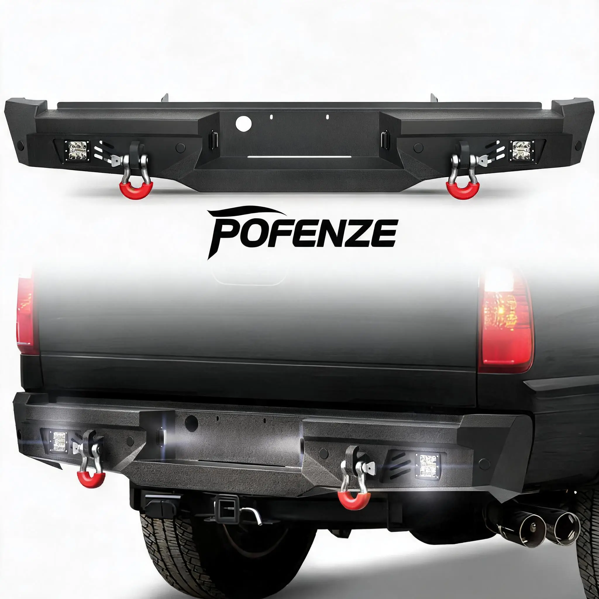 POFENZE-NADIA F250 Rear Bumper for 1999-2016 Ford F250/F350/F450 Pickup | Steel Bumper w/Step Plate, Fog Lights, License Plate Lights and D-rings